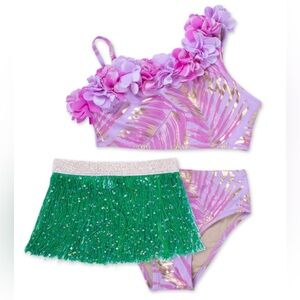 Shade Critters Hula Girl Metallic Palm Bikini with Fringe Hula Skirt - Size 10Y